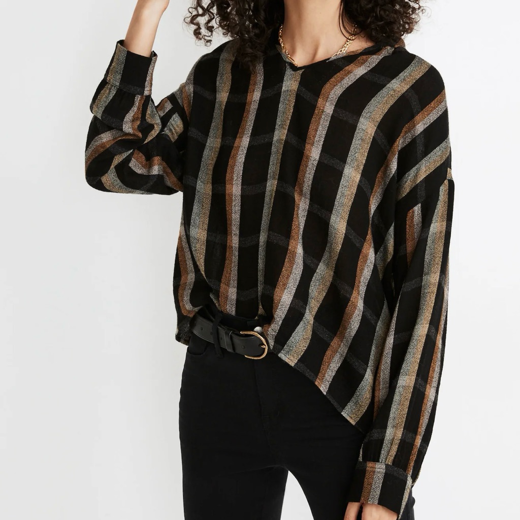 Madewell Highroad Popover Shirt In Lessing Plaid Black Yellow Top S